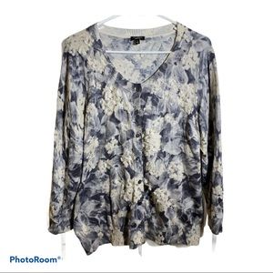 Talbots Gray Floral Cardigan with Appliqué Flowers